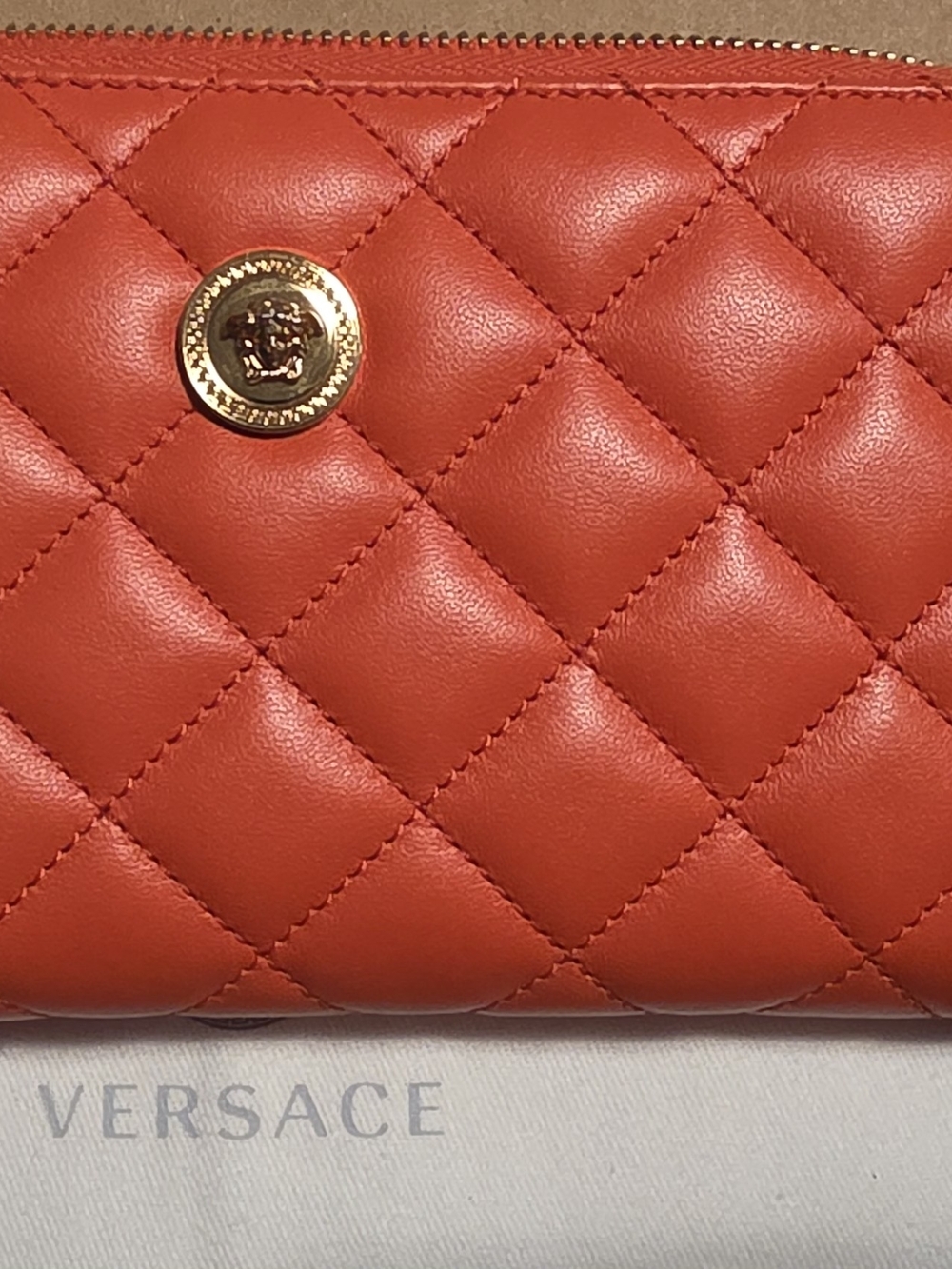 Versace Quilted Orange-Red Leather Wallet with Gold Medallion